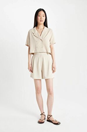 DeFacto Cropped Fit Polo Yaka Keten Karışımlı Kısa Kollu Gömlek C8574AX24SMBG211