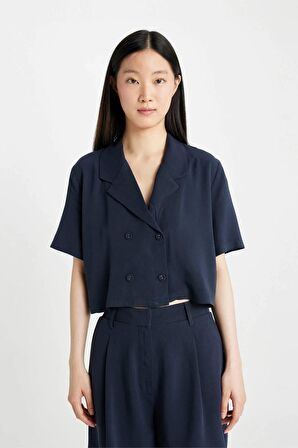 DeFacto Cropped Fit Polo Yaka Keten Karışımlı Kısa Kollu Gömlek C8574AX24SMNV146