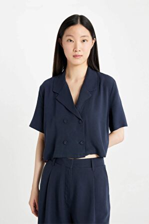 DeFacto Cropped Fit Polo Yaka Keten Karışımlı Kısa Kollu Gömlek C8574AX24SMNV146