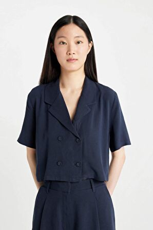 DeFacto Cropped Fit Polo Yaka Keten Karışımlı Kısa Kollu Gömlek C8574AX24SMNV146