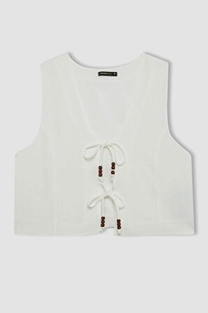 DeFacto Fitted V Yaka Keten Karışımlı Beyaz Bağcıklı Yelek C8559AX24SMWT16