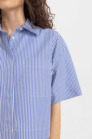 Crop Çizgili Poplin Kısa Kollu Gömlek