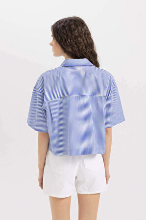 Crop Çizgili Poplin Kısa Kollu Gömlek