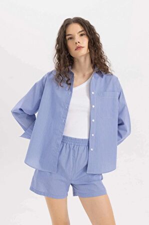 DeFacto Oversize Geniş Kalıp Çizgili Poplin Uzun Kollu Gömlek C8751AX24SMBE419