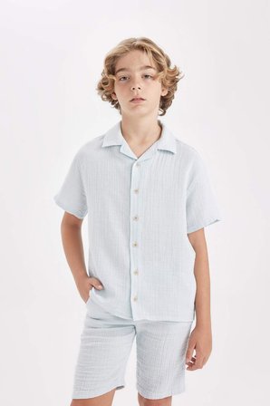 DeFacto Oversize Geniş Kalıp Polo Yaka Müslin Kısa Kollu Gömlek Erkek Çocuk W3239A624HSBE61
