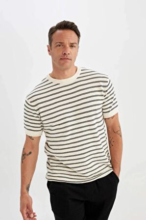 DeFacto %100 Pamuk Relax Fit Bisiklet Yaka Çizgili Kısa Kollu Triko Tişört C7359AX24SMNV64