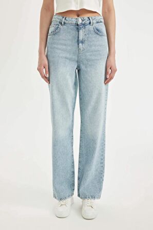 90's Wide Leg Yüksek Bel Uzun Jean Yıkamalı Pantolon