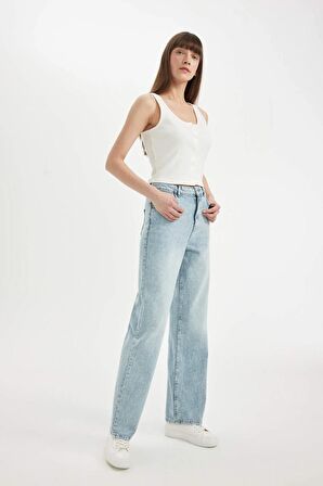 90's Wide Leg Yüksek Bel Uzun Jean Yıkamalı Pantolon