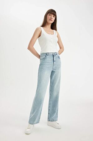 90's Wide Leg Yüksek Bel Uzun Jean Yıkamalı Pantolon