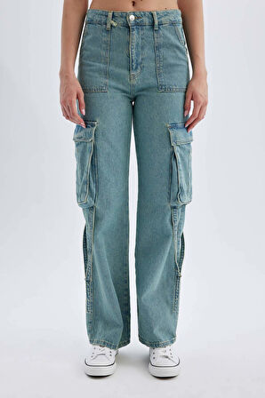 DeFacto Wide Leg Kargo Yüksek Bel Uzun Jean Yıkamalı Pantolon D1228AX24HSNM85