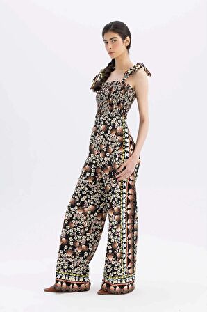 DeFacto Lug Von Siga x DeFacto Straplez Desenli Bağlanabilir Askılı Poplin Uzun Tulum C1648AX24SMBK81