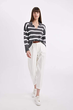 DeFacto Relax Fit Polo Yaka Çizgili Triko Kazak A3861AX24WNGR67