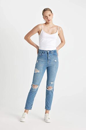 DeFacto Lina Lina Mom Fit Yırtık Detaylı Yüksek Bel Bilek Boy Jean Yıkamalı Pantolon C2383AX24HSNM28