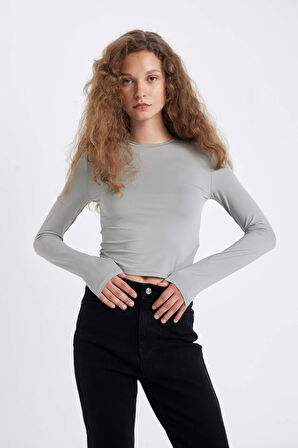 DeFacto Fitted Bisiklet Yaka Basic Uzun Kollu Tişört D0199AX24AUGR254