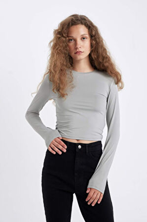 DeFacto Fitted Bisiklet Yaka Basic Uzun Kollu Tişört D0199AX24AUGR254