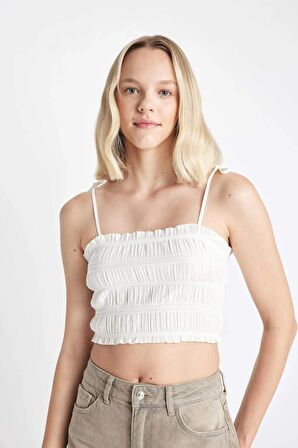DeFacto Crop Askılı Beyaz Poplin Bluz D0363AX24SMWT32