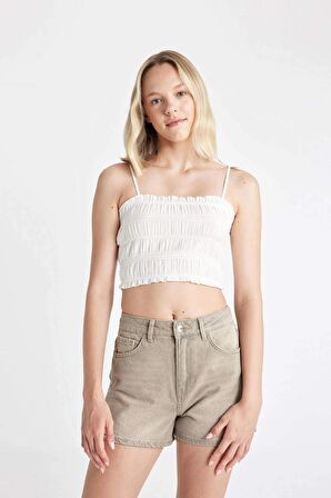 DeFacto Crop Askılı Beyaz Poplin Bluz D0363AX24SMWT32