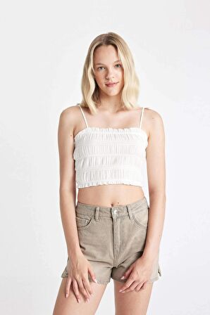 DeFacto Crop Askılı Beyaz Poplin Bluz D0363AX24SMWT32