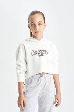 DeFacto Kız Çocuk Oversize Geniş Kalıp Crop Kapüşonlu Baskılı Sweatshirt D0314A824AUWT47