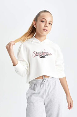 DeFacto Kız Çocuk Oversize Geniş Kalıp Crop Kapüşonlu Baskılı Sweatshirt D0314A824AUWT47