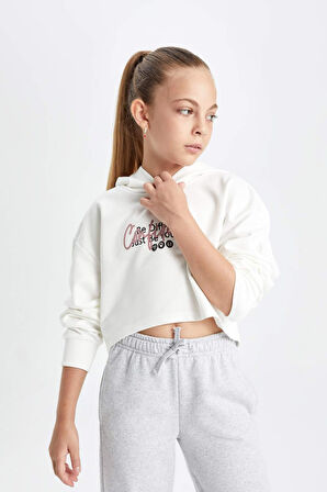 DeFacto Kız Çocuk Oversize Geniş Kalıp Crop Kapüşonlu Baskılı Sweatshirt D0314A824AUWT47