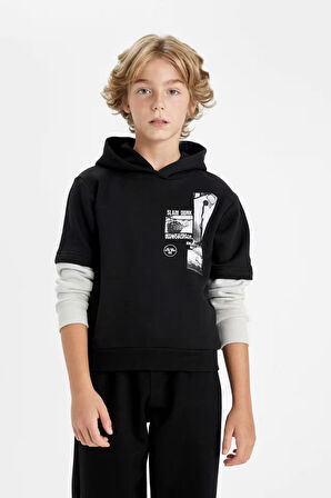 DeFacto Erkek Çocuk Kapüşonlu Baskılı Sweatshirt C9793A824AUBK81