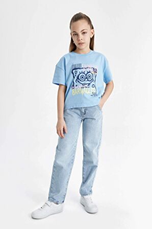 DeFacto Kız Çocuk SpongeBob Bisiklet Yaka Kısa Kollu Crop Tişört C4679A824SMBE791