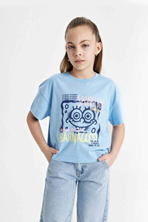 DeFacto Kız Çocuk SpongeBob Bisiklet Yaka Kısa Kollu Crop Tişört C4679A824SMBE791