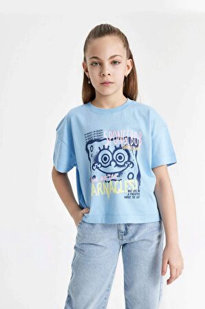 DeFacto Kız Çocuk SpongeBob Bisiklet Yaka Kısa Kollu Crop Tişört C4679A824SMBE791