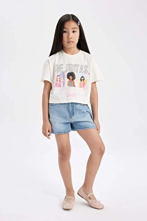 DeFacto Kız Çocuk Barbie Bisiklet Yaka Kısa Kollu Tişört C4828A824SMER99