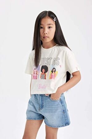 DeFacto Kız Çocuk Barbie Bisiklet Yaka Kısa Kollu Tişört C4828A824SMER99