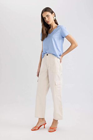 DeFacto Straight Fit Kargo Kargo Cepli Yüksek Bel Geniş Paça Gabardin Kumaş Pantolon A9200AX24SMBG422