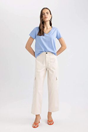 DeFacto Straight Fit Kargo Kargo Cepli Yüksek Bel Geniş Paça Gabardin Kumaş Pantolon A9200AX24SMBG422