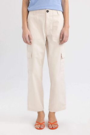 DeFacto Straight Fit Kargo Kargo Cepli Yüksek Bel Geniş Paça Gabardin Kumaş Pantolon A9200AX24SMBG422