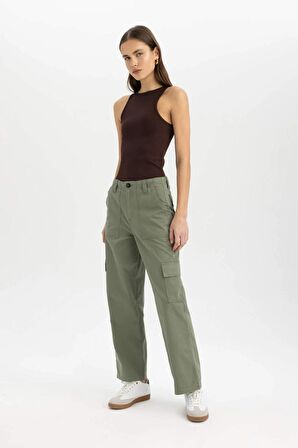 Straight Fit Kargo Kargo Cepli Yüksek Bel Geniş Paça Gabardin Pantolon