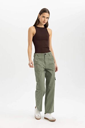 Straight Fit Kargo Kargo Cepli Yüksek Bel Geniş Paça Gabardin Pantolon