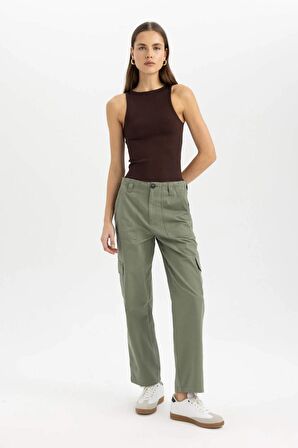 Straight Fit Kargo Kargo Cepli Yüksek Bel Geniş Paça Gabardin Pantolon