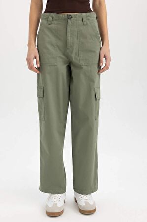 Straight Fit Kargo Kargo Cepli Yüksek Bel Geniş Paça Gabardin Pantolon