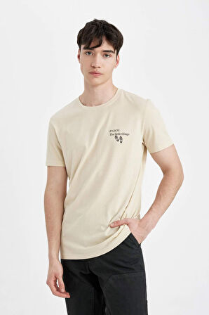 Slim Fit Bisiklet Yaka Baskılı Kısa Kollu Tişört