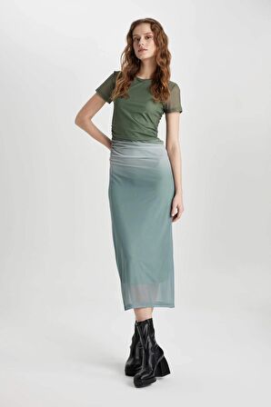 DeFacto Bodycon Bisiklet Yaka Degrade Kısa Kollu Midi Tül Elbise C5926AX24SPGN1107