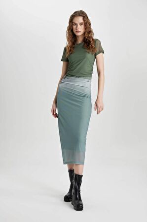 DeFacto Bodycon Bisiklet Yaka Degrade Kısa Kollu Midi Tül Elbise C5926AX24SPGN1107