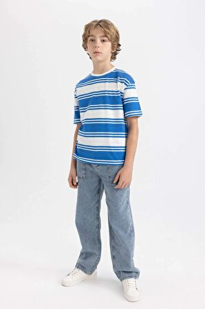 DeFacto Erkek Çocuk Oversize Fit Bisiklet Yaka Çizgili Kısa Kollu Tişört C4047A824SMBE277