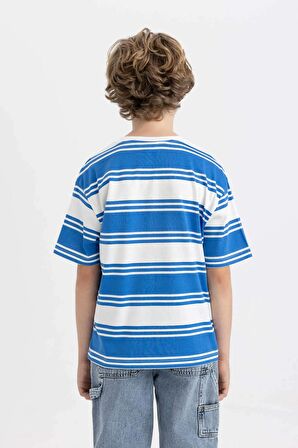 DeFacto Erkek Çocuk Oversize Fit Bisiklet Yaka Çizgili Kısa Kollu Tişört C4047A824SMBE277