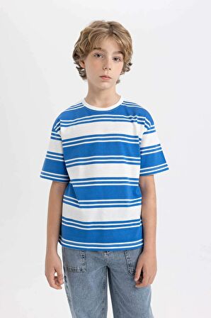 DeFacto Erkek Çocuk Oversize Fit Bisiklet Yaka Çizgili Kısa Kollu Tişört C4047A824SMBE277