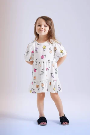 DeFacto Kız Bebek Çiçekli Kısa Kollu Waffle Elbise C4492A524SMER105
