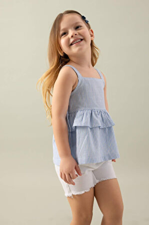 Kız Bebek Kare Yaka Çizgili Poplin Askılı Bluz