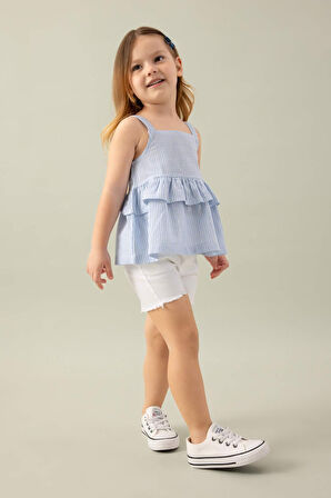 Kız Bebek Kare Yaka Çizgili Poplin Askılı Bluz