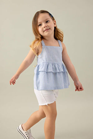 Kız Bebek Kare Yaka Çizgili Poplin Askılı Bluz