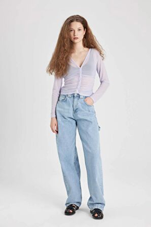 DeFacto Fitted V Yaka Tül Uzun Kollu Bluz C5567AX24SPPR40