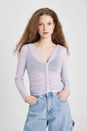 DeFacto Fitted V Yaka Tül Uzun Kollu Bluz C5567AX24SPPR40